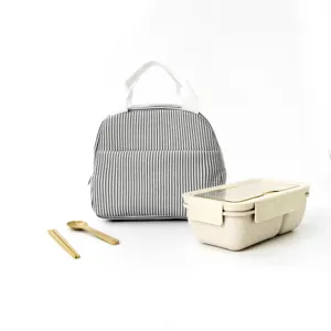 Grey striped insulated lunch bag set with bento box and cutlery for daily work and school commute.