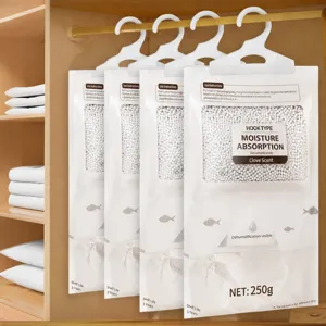 Hanging moisture absorber bags for closet, moisture-proof dehumidifier packets for wardrobe.