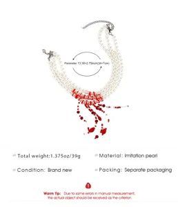 Detail view of multi-layer imitation pearl necklace with red tassel and specifications