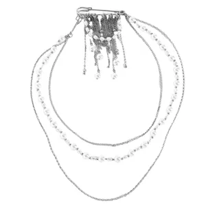 Elegante imperdible plateado de varias capas con borlas de perlas para la ropa
