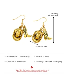 Detailed product view of gold cowboy hat and boot earrings with precise measurements