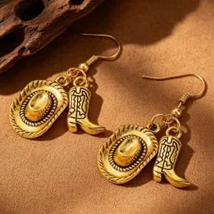 Close-up of vintage gold cowboy hat and boot dangle earrings on a rustic wood background.