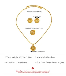 Detailed size chart for vintage hollow gold jewelry set with necklace earrings and ring.
