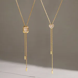 Edelstahl Verstellbare Quadratische Strass Anhänger Halskette Für Damen Gold Geometrische Y-Form Kette Schmuck