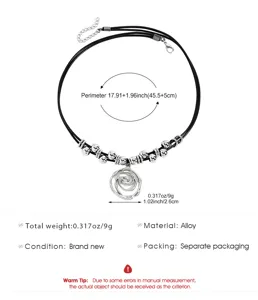 Detailed measurements of alloy necklace with spiral rose pendant on black cord
