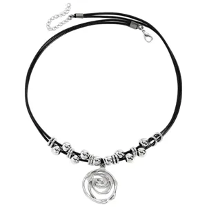 Bohemian silver vortex flower pendant necklace featuring double black cord straps