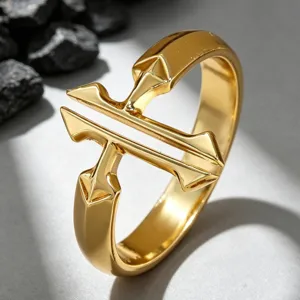 Macro detail of a minimalist gold double cross open ring with elegant metallic luster