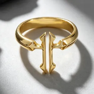 Detailed macro view of a minimalist gold double cross open ring with sharp geometric lines.