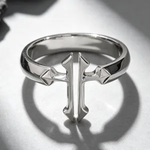 Detailed close-up of a minimalist silver double cross open ring with artistic shadow effect