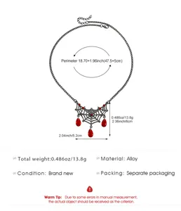 Dimensions détaillées du collier toile d'araignée sombre avec pierres rouges en larmes.