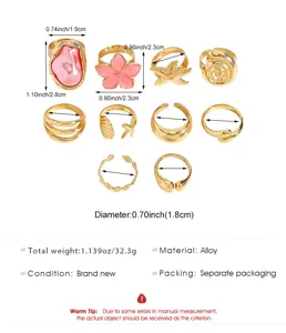 Detailed view of baroque pearl and flower ring set with dimensions and alloy material info.