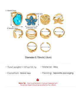 Detailed size and material specs for the 10pcs gold baroque flower and shell ring set