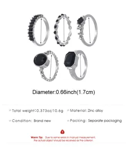 Detailed view of 5 vintage silver rings with black gems and specific size parameters