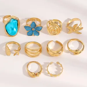 Vintage Baroque style ring set with gold finish, blue flower and turquoise stone