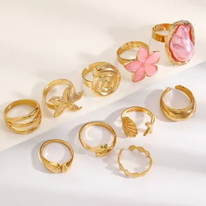 Detailed macro view of a 10-piece vintage gold ring set featuring pearls and shells
