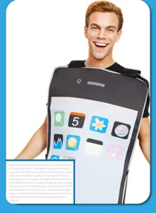 Detail shot of adult smartphone costume featuring app icons and funny party design for events.