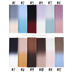 Detailed view of lightweight chiffon ombre gradient scarves in twelve vibrant colors.