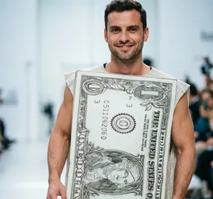 Détail du costume de billet de dollar montrant des graphismes et une texture de tissu.