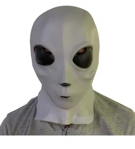 Close-up detail shot of the grey alien latex mask, featuring unique facial design for parties.