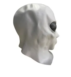 Halloween alien latex mask detail shot, white grey eerie headgear, sci-fi prank party props.