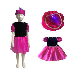 Kinder Party Kostüm Set, schwarz-rosa Samt Kleid mit Federmütze für Karneval und Bühnenauftritte.