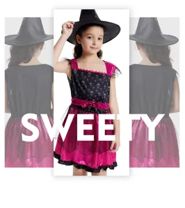 Beau costume de sorcière d'Halloween pour enfants avec robe imprimée crâne et chapeau.