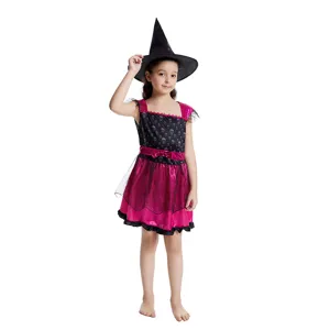 Robe de Performance d'Halloween avec Crâne et Chapeau de Sorcière pour Filles Costume de Fête pour Enfants en Polyester