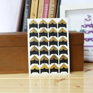 Gold and black photo corner stickers, 24 pieces per sheet for DIY scrapbooking and albums.