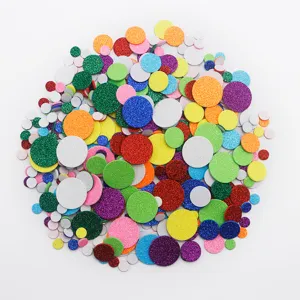Close-up of colorful glitter EVA foam round stickers detail view, bulk craft supplies.