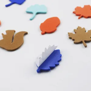 Autumn EVA foam stickers detail featuring various leaf and squirrel shapes with adhesive backing.