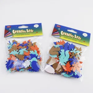 Detail view of autumn foam stickers featuring cute leaves and squirrels for DIY crafts.