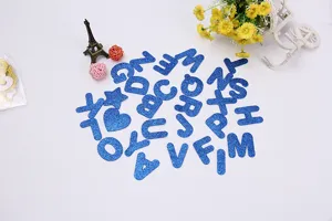 Blue glitter EVA foam alphabet stickers, colorful letters for DIY craft and kids learning.