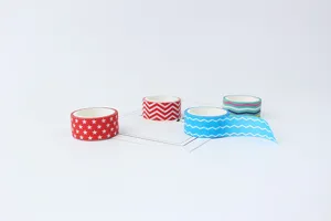 Detail view of colorful washi masking tapes set with cute patterns for journal and DIY crafts.