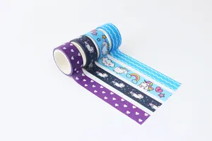 Cute cartoon washi tape set for journaling and DIY crafts with unicorn and heart designs.