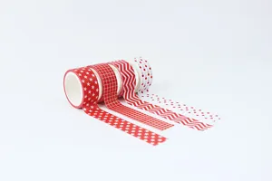 Red white washi tape set with star grid and dot patterns for DIY journaling and crafts detail.