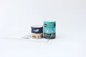 Decorative washi tape set featuring cute cartoon unicorn, cat and fox patterns for craft.