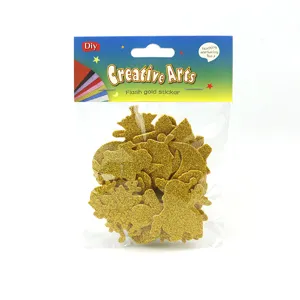 Gold glitter EVA foam stickers set, DIY creative craft shapes for kids school and holiday decor.