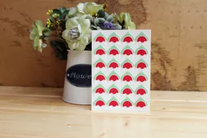 Detailed close-up showing twenty-four pieces of cute cartoon watermelon photo corner stickers.