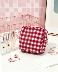 Red and white plaid cosmetic bag, soft woolen zip pouch, large capacity travel makeup storage organizer.