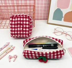 Plush plaid pencil case cute cosmetic pouch aesthetic stationery organizer for students.