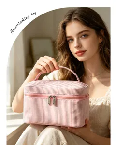 Trousse de maquillage rayee rose grand capacite organiseur de voyage pochette de rangement