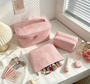 Ensemble de trousses de maquillage rayées roses, grand organisateur de toilette pour voyage.