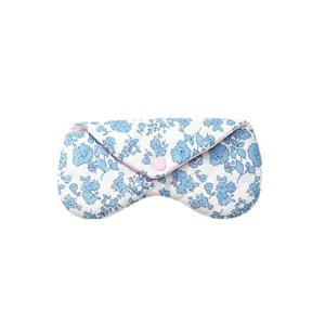 Quilted floral glasses case with cute pink heart snap button, soft fabric storage pouch for eyewear.