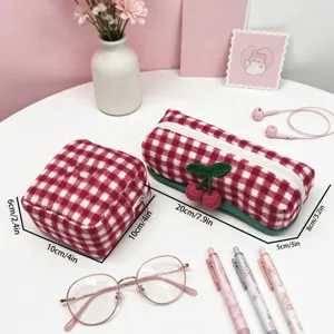 Kawaii Plaid Tweed Pencil Case Cute Crochet Cherry Cosmetic Bag Multi-functional Corduroy Storage Pouch For School Girls