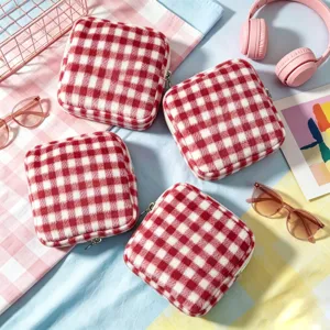 Plush red plaid cosmetic bag set, soft storage pouch for stationery and daily makeup essentials.