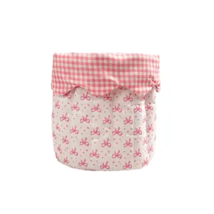 Pink Gingham Fabric Storage Basket Cute Bow Quilted Desktop Organizer for Home & Office