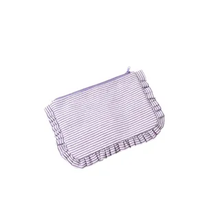 Purple striped cosmetic bag with cute ruffle trim, portable zipper pouch for daily use.