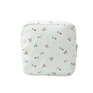 Borsa di conservazione in corduroy bianco con stampa ciliegia, astuccio con zip.