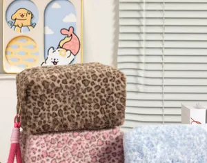 Plush leopard print makeup bag detail shot, soft furry texture and large capacity storage.