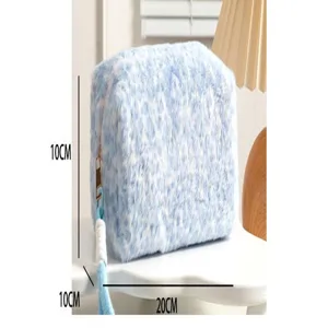 Detail view of blue leopard print plush cosmetic bag, showing 20cm width and 10cm height.